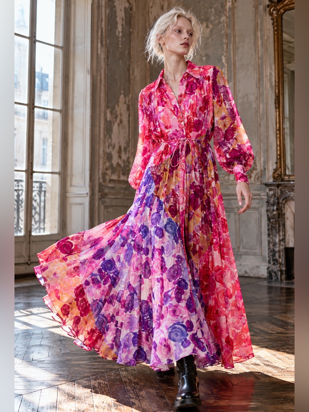 Aje Collisions Smock Maxi Dress Kaleidoscopic Rose Floral Cotton Size 10